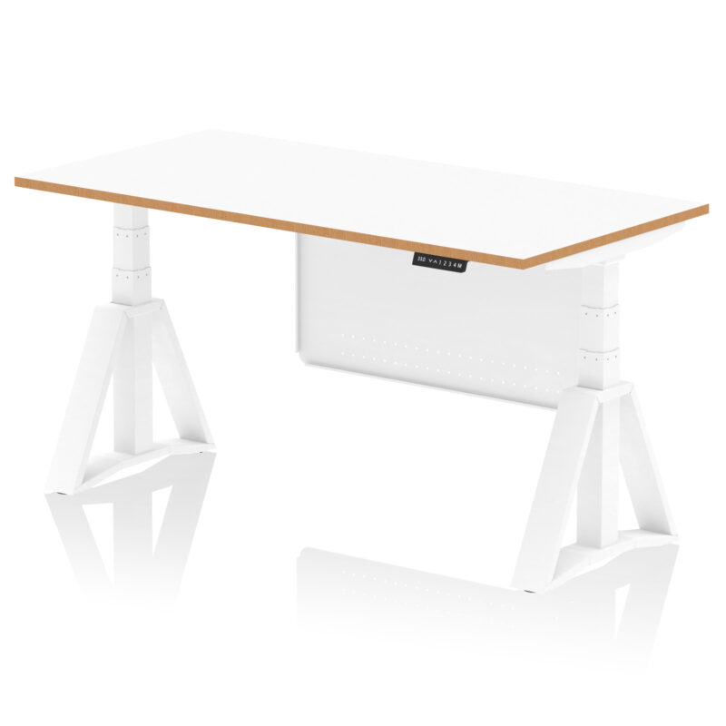 oslo air height adjustable desk white top natural wood edge white frame with white steel modesty panel